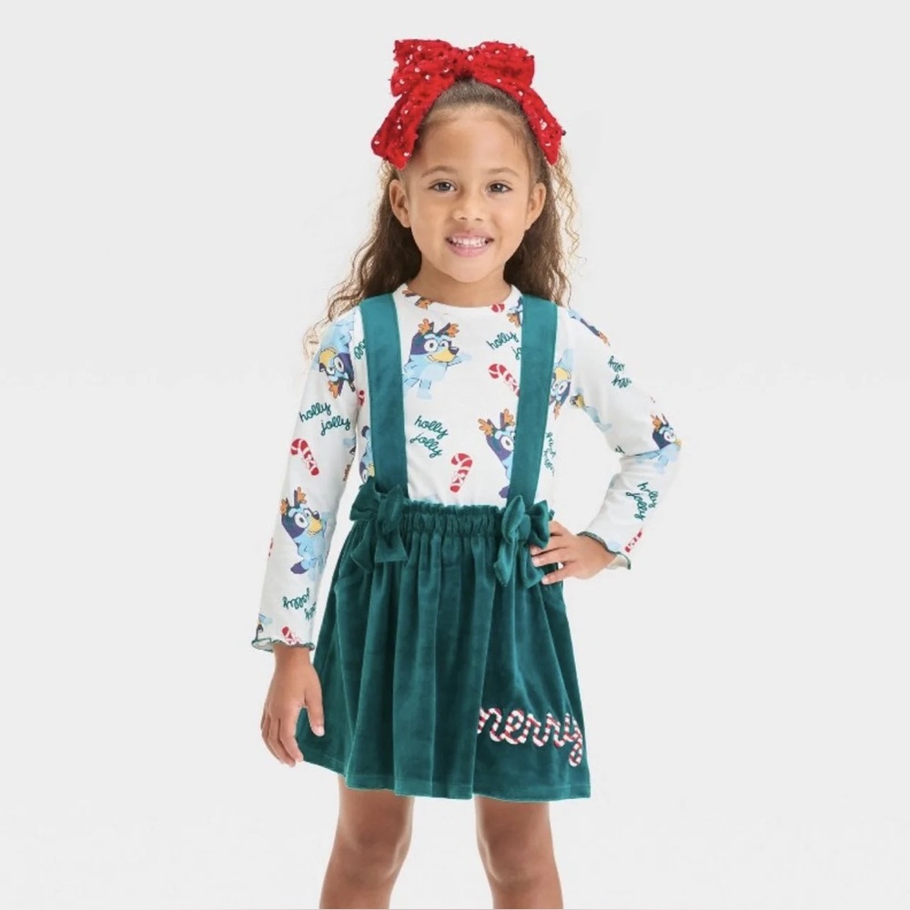 NWT Bluey Christmas 2 piece Outfit Teal Suspender Skirt Festive Top Size 2T